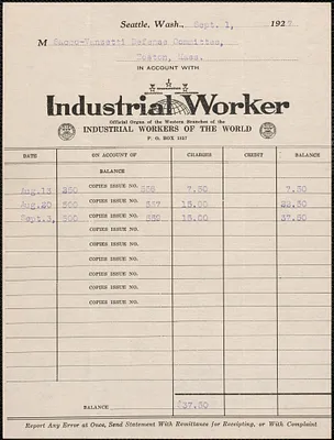 Industrial Worker (Industrial Workers of the World) printed invoice to Sacco-Vanzetti Defense Committee, Seattle, Wash., September 1, 1927