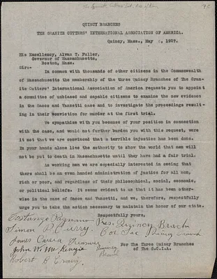 Costanzo Papnano (The Granite Cutters' International Association of America Quincy Branches) typed letter signed to Alvan T. Fuller, Quincy, Mass., May 6, 1927