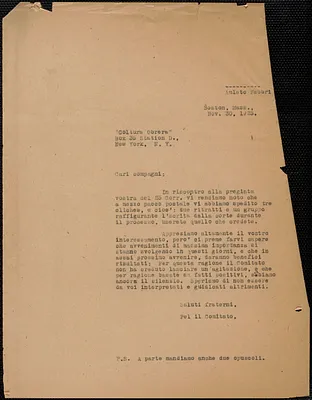 Amleto Fabbri (Sacco-Vanzetti Defense Committee) typed letter (copy), in Italian, to "Cultura Obrera", Boston, Mass., November 30, 1925