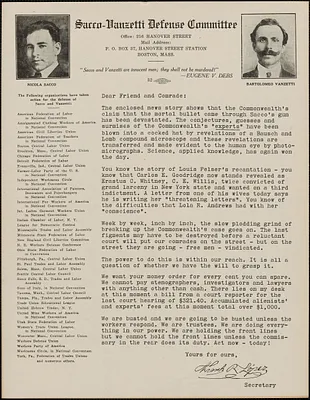 Frank R. Lopez (Sacco-Vanzetti Defense Committee) typed letter signed (circular) to Dear Friend and Comrade, Boston, Mass.