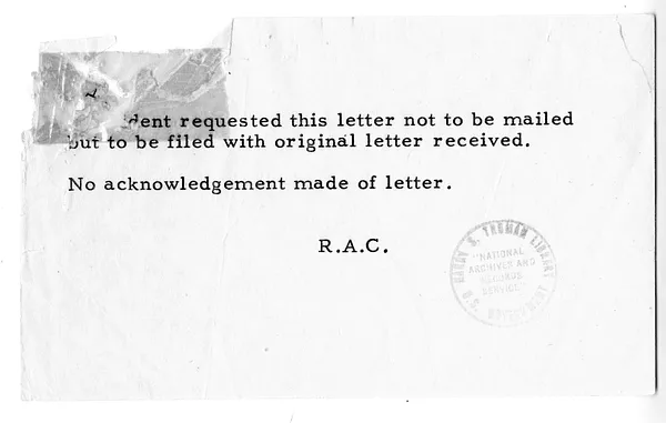 Letter from Dr. Chaim Weizmann to President Harry S. Truman, with Unsent Reply and Related Note
