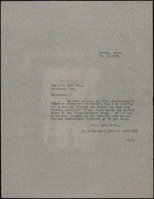Sacco-Vanzetti Defense Committee typed note (copy) to J. K. Gill Co., Boston, Mass., May 10, 1927