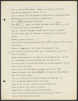Sacco-Vanzetti Case Records, 1920-1928. Prosecution Papers. Prosecutions's typewritten notes of things to do, n.d. Box 27, Folder 19, Harvard Law School Library, Historical & Special Collections