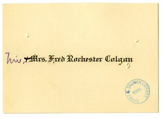 Wedding Gift Card from Mr. and Mrs. Fred Rochester Colgan