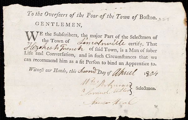 Eliza Ambrury indentured to apprentice with Hezekiah French of Lincolnville, 12 January 1804