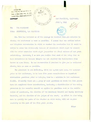 Message from Secretary of State Edward Stettinius to President Harry S. Truman
