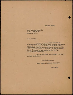 Sacco-Vanzetti Defense Committee typed note (copy) to Labor Defense Council, Boston, Mass., June 16, 1925