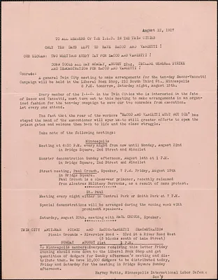 Harvey Watts (Minneapolis International Labor Defense) typed circular, [Minneapolis, Minn.], August 12, 1927