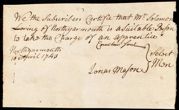 John Astin indentured to apprentice with Solomon Loring of North Yarmouth, 3 November 1742