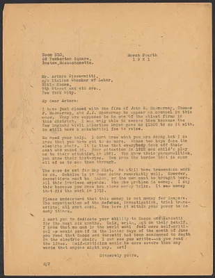 Sacco-Vanzetti Case Records, 1920-1928. Correspondence. Sacco-Vanzetti Defense Committee Correspondence to Arturo Giovannitti, March 4, 1921. Box 41, Folder 14, Harvard Law School Library, Historical & Special Collections