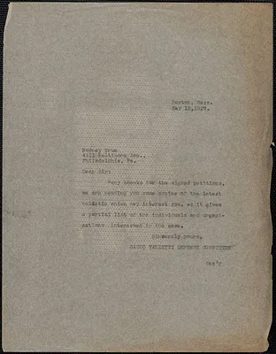 Sacco-Vanzetti Defense Committee typed note (copy) to Rodney H. True, Boston, Mass., May 12, 1927