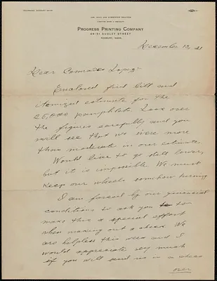 Progress Printing Company autograph letter signed to Frank Lopez, Roxbury, Mass., December 13, 1921