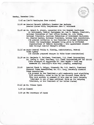 Daily Appointment Sheet for President Harry S. Truman