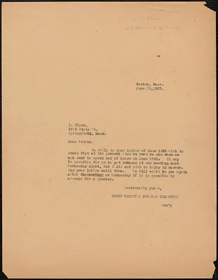 Sacco-Vanzetti Defense Committee typed note (copy) to I. Bloom, Boston, Mass., June 20, 1927