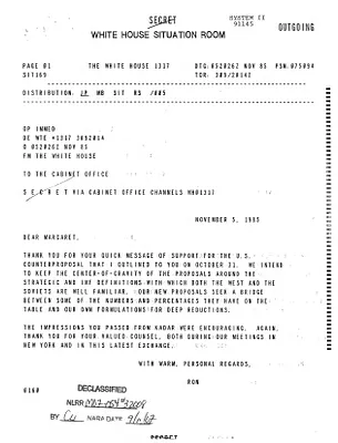Letter to and from Prime Minister Margaret Thatcher to President Ronald Reagan for his support on the negotiations in Geneva, October/November 1985