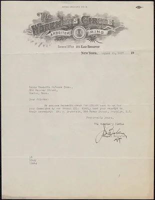 J. Baskin (The Workmen's Circle) typed note signed to Sacco-Vanzetti Defense Committee, New York, N.Y., August 15, 1927