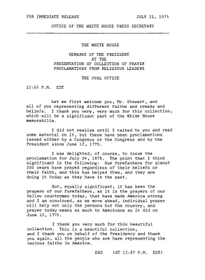 Remarks of the President at the Presentation of Collection of Prayer Proclamations from Religious Leaders [Ford Speech or Statement]