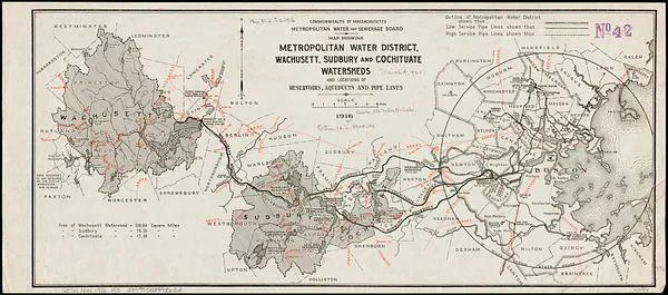Map showing metropolitan water district, Wachusett, Sudbury and Cochituate watersheds and locations of reservoirs, aqueducts and lead pipes