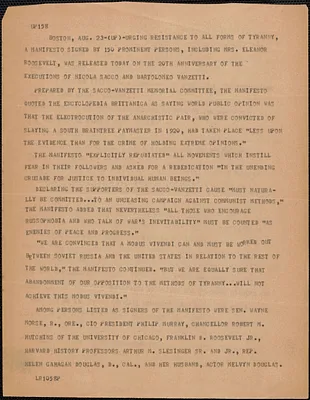 [United Press] press release, Boston, Mass., August 23, [1947]