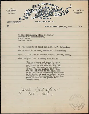 Jacob Schafer (United Brotherhood of Carpenters and Joiners of America, Local Union No. 157) typed resolution to Alvan T. Fuller, Boston, Mass., April 18, 1927