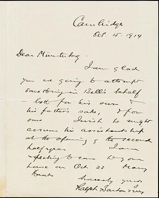 Perry, Ralph Barton, 1876-1957 autograph letter signed to Hugo Münsterberg, Cambridge, Mass., 15 October 1914