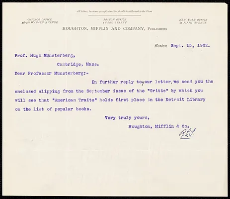 Houghton Mifflin Co. typed letter signed to Hugo Münsterberg, Boston, 15 September 1902