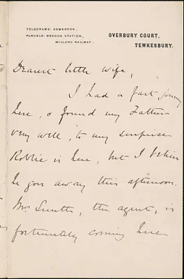 [John Biddulph Martin] autograph note signed to [Victoria Woodhull Martin], Tewkesbury, [England], approximately 1883-1897