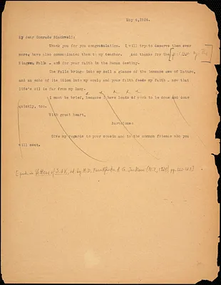 Bartolomeo Vanzetti typed note (copy) to Alice Stone Blackwell, [Charlestown], 4 May 1924