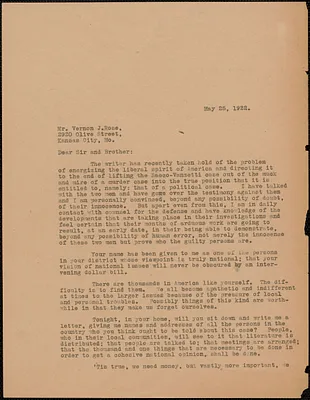 Sacco-Vanzetti Defense Committee typed letter (circular) to Vernon J. Rose, Boston, Mass., May 25, 1922