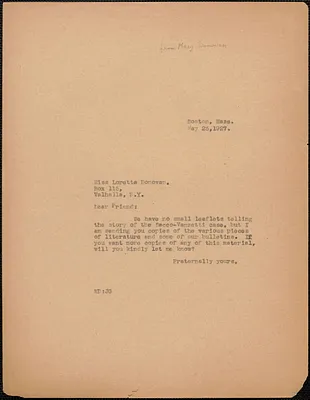 Mary Donovan typed note (copy) to Loretta Donovan, Boston, Mass., May 25, 1927