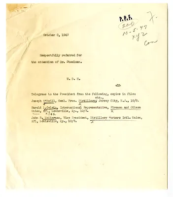 Referral Memorandum from William D. Hassett to John Steelman with Attached Telegrams