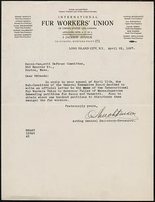 Lizer Shachtman (International Fur Workers' Union) typed note signed to Sacco-Vanzetti Defense Committee, Long Island City, N.Y., April 22, 1927