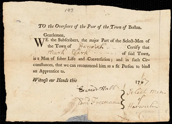 Tamar Allen indentured to apprentice with Mark Clarke of Harwich, 13 April 1767