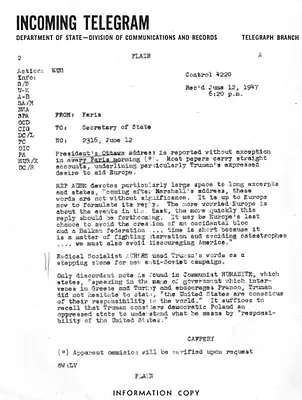 Telegram from Jefferson Caffery to Secrertary of State George C. Marshall