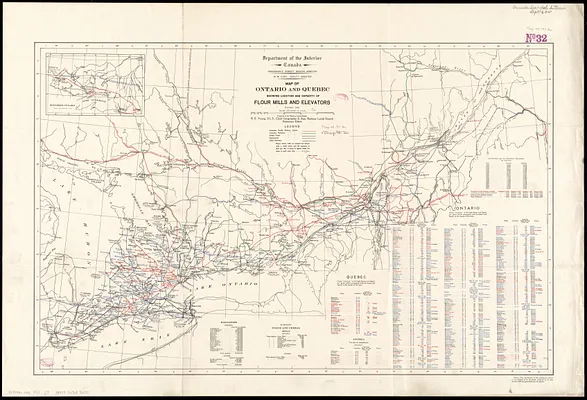 Map of Ontario and Quebec showing location and capacity of flour mills and elevators