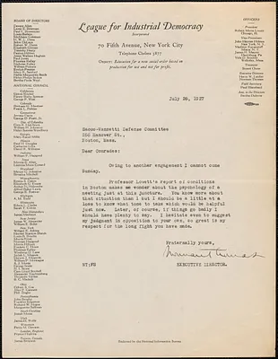 Norman Thomas (League for Industrial Democracy) typed letter signed to Sacco-Vanzetti Defense Committee, New York, N.Y., July 26, 1927