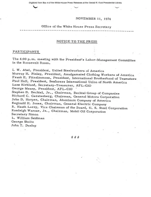 Participants of Meeting of President's Labor-Management Committee in the Roosevelt Room [Meeting Attendee List]