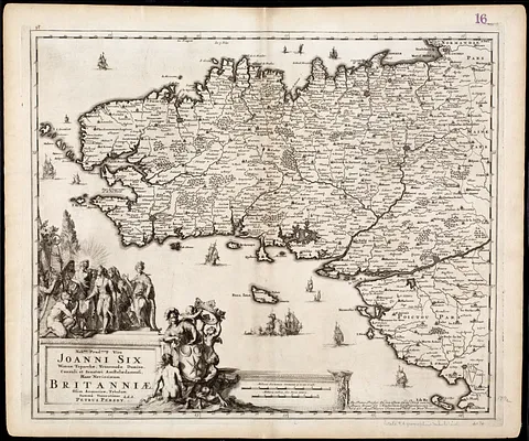 Nobmo. prudmoq[ue] viro Joanni Six Wimnae Toparchae, Vronmadae Domino, Consuli et Senatori Amstelaedamensi, hanc novissimam Britanniae, olim Armoricae tabulam