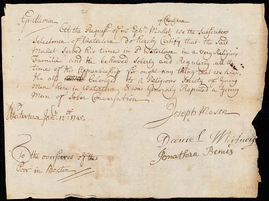 Susanna Holyman indentured to apprentice with Ephraim Mallet of Charlestown, 14 January 1745
