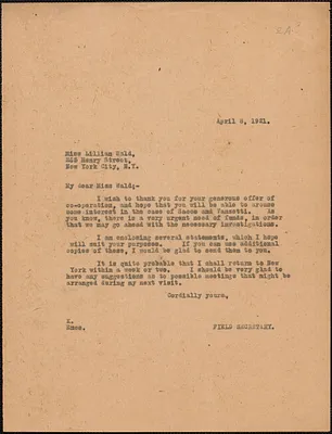 [Sacco-Vanzetti Defense Committee] typed letter (copy) to Lillian Wald, [Boston, Mass.], April 8, 1921