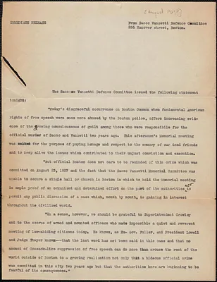 Sacco-Vanzetti Defense Committee press release, Boston, Mass., [August 1929?]