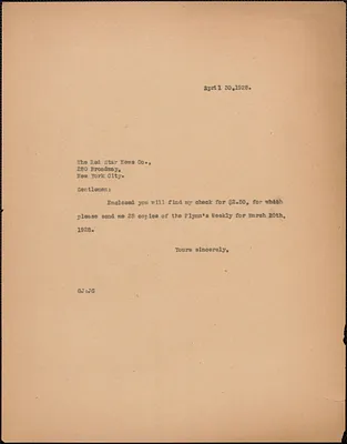 Gardner Jackson typed note (copy) to The Red Star News Co. [Boston Mass.], April 30, 1928