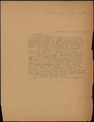 Felice Guadagni typed letter (copy), in Italian, to Carlo Tresca, Boston, Mass., March 17, 1924