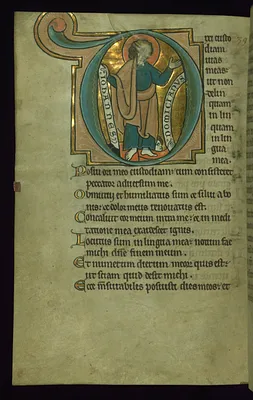 Leaf from the Touke Psalter: Psalm 38, Initial ""D"" with Saint John the Evangelist Trampling Domitian