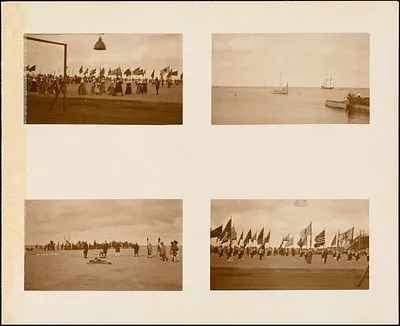Plymouth Tercentenary Pagaent, 4 scenes including Viking ship and Mayflower in Plymouth harbor; End of an Indian Dance, episode I, section 4; and 2 scenes from grand finale