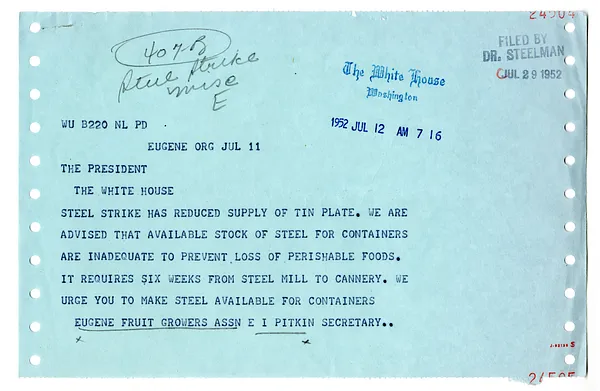 Telegram from Eugene, Oregon Fruit Growers Association to President Harry S. Truman