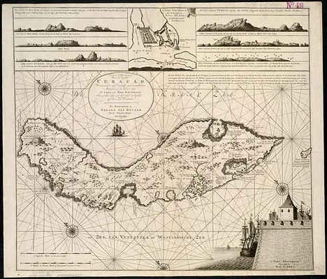 Nieuwe Afteekening van het Eyland Curacao vertoonende alle desselfs geleegentheeden mitsgaders de haven van St. Anna en't Fort Amsterdam