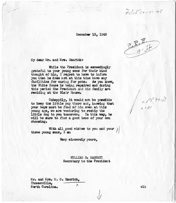 Telegram from Mr. and Mrs. Thomas C. Hamrick to President Harry S. Truman, with a Reply from William D. Hassett