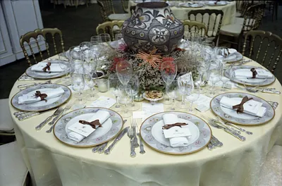 Table Settings and Decorations Featuring American Indian Pottery Set Up in the Tent on the South Lawn of the White House for a State Dinner Honoring President Kekkonen of Finland