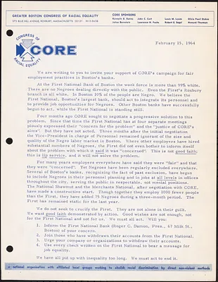 Letter asking for support of CORE’s campaign for fair employment practices in Boston’s banks